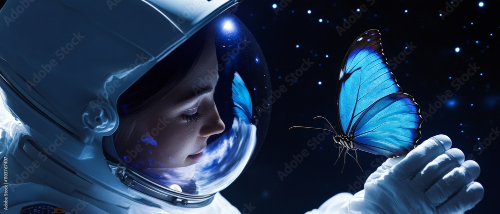 Poster astro encounter: astronaut in space with blue butterfly, capturing the wonder of nature and the univ