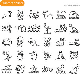 Summer Animals Icon Set, Editable, Line Art, Wildlife, Tropical