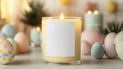 Elegant Easter Candle with Colorful Eggs and Soft Background