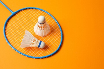 Badminton racket and white badminton shuttlecocks on color background 