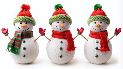 Realistic Snowman with Santa Hat, Mittens, and Scarf in Various Angles Against a White Background for Holiday and Winter-Themed Stock Photography