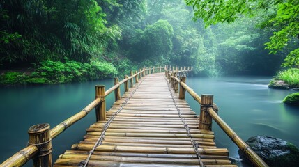 a rustic bamboo bridge crossing over a calm river, surrounded by lush green foliage