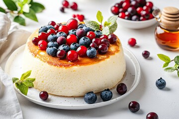 Delicious Japanese souffle pancake with blueberry, cranberry and honey on white table background. close up side view