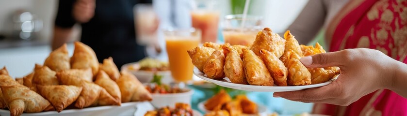 Indian Gathering with Samosas and Drinks at a Festive Event Indian food cuisine
