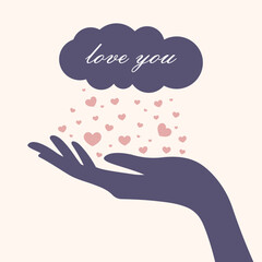 Hand holding hearts with love you text, symbolizing affection, romance, care, kindness, and connection, ideal for greeting cards, celebrations, and love themes