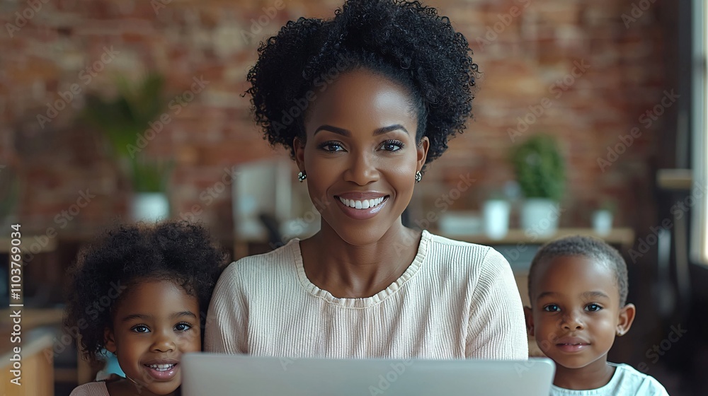 Poster a mother solving work challenges while inspiring her children with her determination stock photo wit