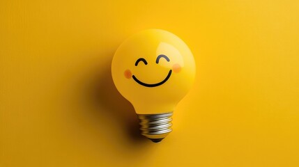 Cheerful yellow light bulb with a smiling face on a vibrant yellow background, ideal for uplifting designs and promotional banners.
