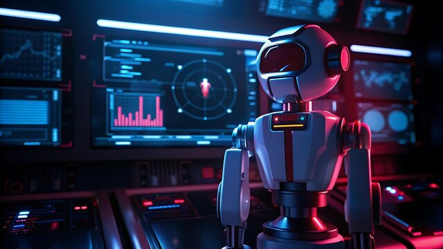robot with artificial intelligence shows graphs and diagrams, analytics.AI GENERATED