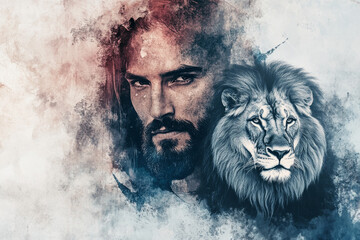 A striking digital illustration of Jesus Christ, the Lion of Judah, with a majestic lion next to Him. The manâ€™s face is strong and compassionate, while the lion symbolizes His kingship and triumph.