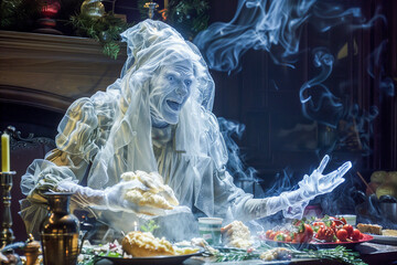 Ghost of Christmas Present spreading warmth and cheer to Scrooge surrounded by holiday feasts and cheerful celebrations