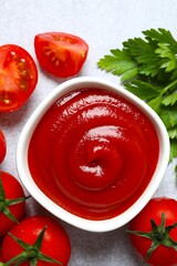 Bowl of ketchup or tomato sauce. Vegan. Ingredients for salad. Organic food