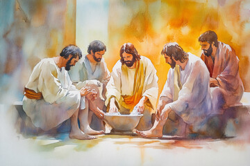 A tender watercolor illustration of Jesus washing the feet of His disciples during Maundy Thursday, with gentle strokes capturing His humility, the warm glow of the scene, and the reverence on the