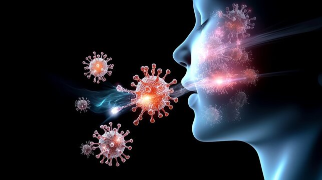 Digital Render of Virus Particles Emitting from Mouth