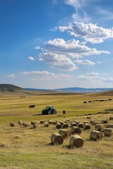 Obraz premium Hay bales, tractor, cattle, vast field, blue sky.