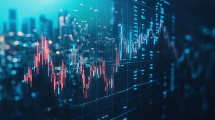 A digital stock market graph showing financial data with trading charts and graphs in front of a futuristic cityscape at night, representing financial analysis.