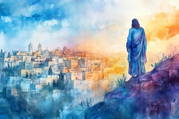 Jesus standing on a hill, overlooking the city of Jerusalem, with a tear in his eye. The watercolor uses soft shades of blue, purple, and orange to reflect sorrow, love, and divine compassion.