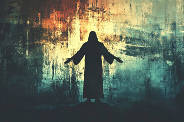 A powerful digital illustration of the silhouette of Jesus Christ standing in front of a distressed grunge wall. The dark tones of the wall contrast with the figure of Christ, symbolizing sacrifice,