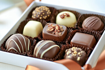 Gourmet assortment of chocolate truffles and pralines with elegant toppings in a decorative gift box with ribbon.