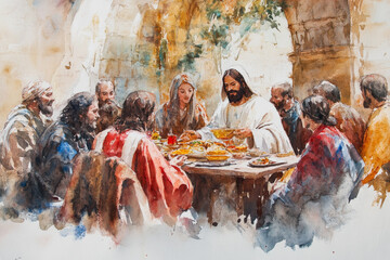 Jesus sharing a meal with the outcasts and sinners, surrounded by a warm and inviting atmosphere. The watercolor uses rich reds, soft yellows, and browns to create a sense of inclusivity, grace, and