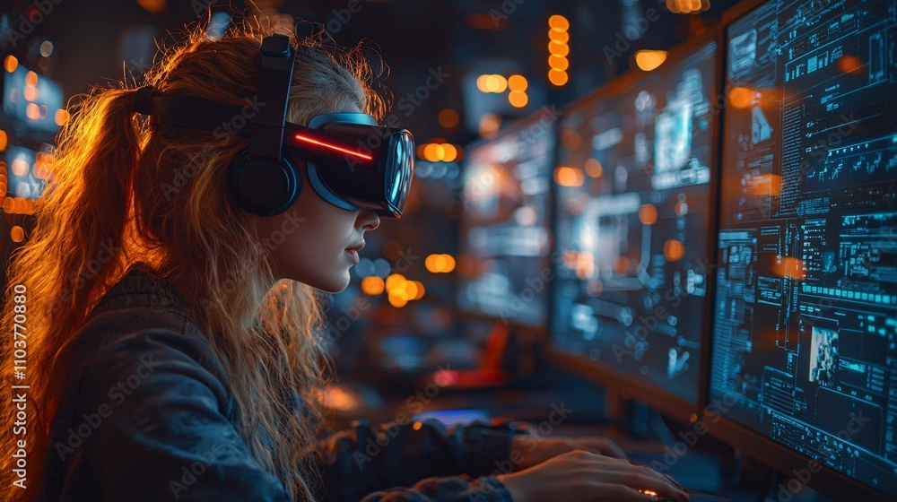 Poster A woman using a virtual reality headset to design a futuristic project in a creative workspace Stock Photo with side copy space