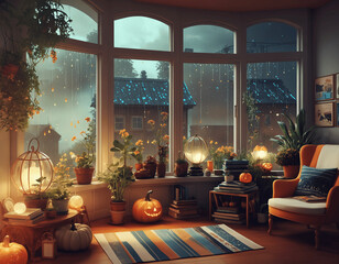 relaxing autumn lofi scene: cozy room,  jack-o'-lantern with anime-style rain vibes