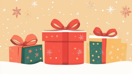 Festive Holiday Gift Boxes with Snowflakes on Golden Background