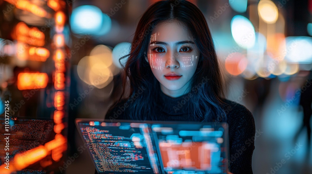 Poster a woman coding on a sleek laptop with holographic projections of data floating nearby stock photo wi
