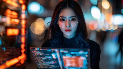 Obraz premium A woman coding on a sleek laptop with holographic projections of data floating nearby Stock Photo with side copy space