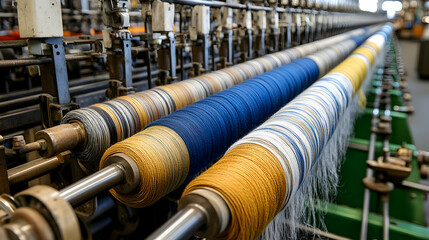 Colorful Yarn Spools on Vintage Textile Machine, Industrial Textile Manufacturing Process, Close-up View of Yarn Production, Detailed Image of Spinning Machinery