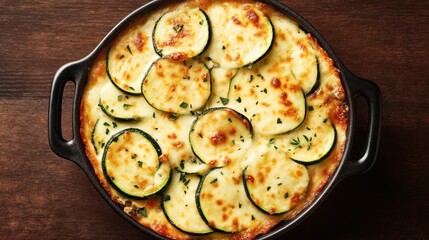 Baked zucchini gratin with melted cheese and herbs in a black casserole dish on a wooden table.