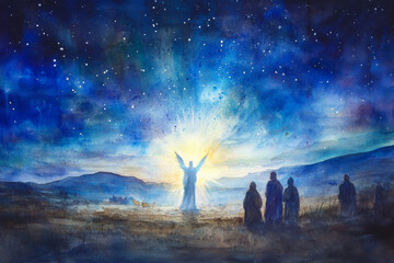 The angelic announcement to the shepherds in a serene watercolor scene, with the angel surrounded by ethereal light, while the shepherds listen in awe under a starry sky in the quiet countryside