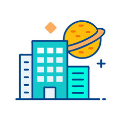 Obraz premium Good icon of futuristic buildings with a planet backdrop