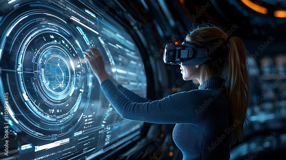 Poster A female innovator testing smart wearable devices in a high-tech lab Stock Photo with side copy space