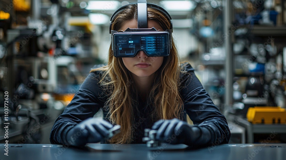 Poster A female innovator testing smart wearable devices in a high-tech lab Stock Photo with side copy space