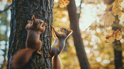 Obraz premium Two Playful Squirrels Climbing a Tree in Golden Autumn Light