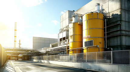 Obraz premium Industrial Plant, Sunlit Exterior of a Modern Refinery with Yellow Storage Tanks and Pipelines