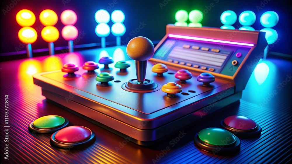 Poster retro arcade machine showcase: glowing joystick and colorful buttons transporting you to a nostalgic