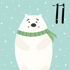 Christmas advent calendar with cute polar bear character and snowfall. 11th of december day. Vector flat illustration