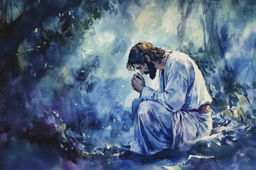Obraz premium A watercolor illustration of Jesus kneeling in the garden of Gethsemane, praying fervently. The scene uses deep blues, purples, and soft light to reflect his anguish and connection to the divine.