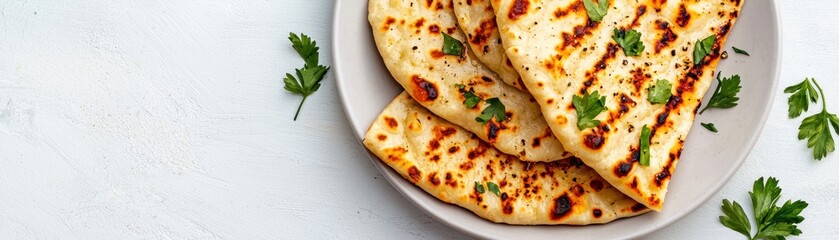 Traditional Indian Naan Bread on Plate with Fresh Spices and Herbs Indian food cuisine