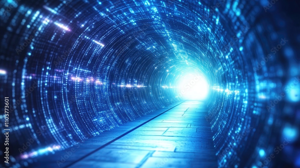 Poster futuristic glowing tunnel illustration featuring vibrant light effects and intricate digital pattern