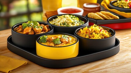 Vibrant Indian Cuisine with Colorful Bowls on a Wooden Table Indian food cuisine