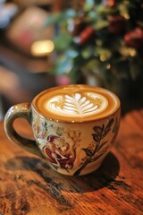 Fototapeta premium Latte art in patterned mug on wood.