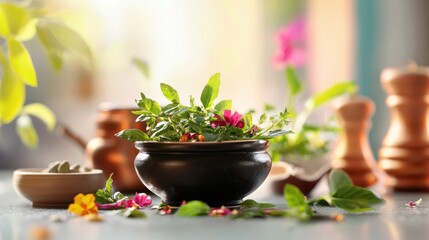 Fresh Herbs and Colorful Flowers in Elegant Bowl Arrangement Indian food cuisine