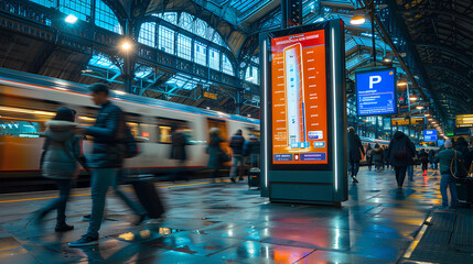 a large freestanding digital board in the middle of a UK train station being looking at it walking around press photography