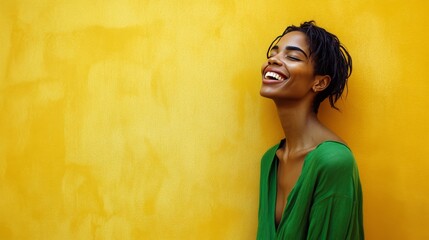 A half-body portrait of a cheerful of  woman smiling brightly with yellow backdrop