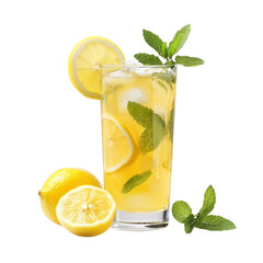 Glass of sparkling lemonade with a slice of lemon and a sprig of mint PNG