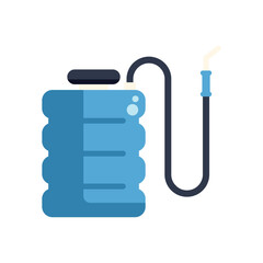 Blue pressure sprayer with a black hose for watering plants and flowers