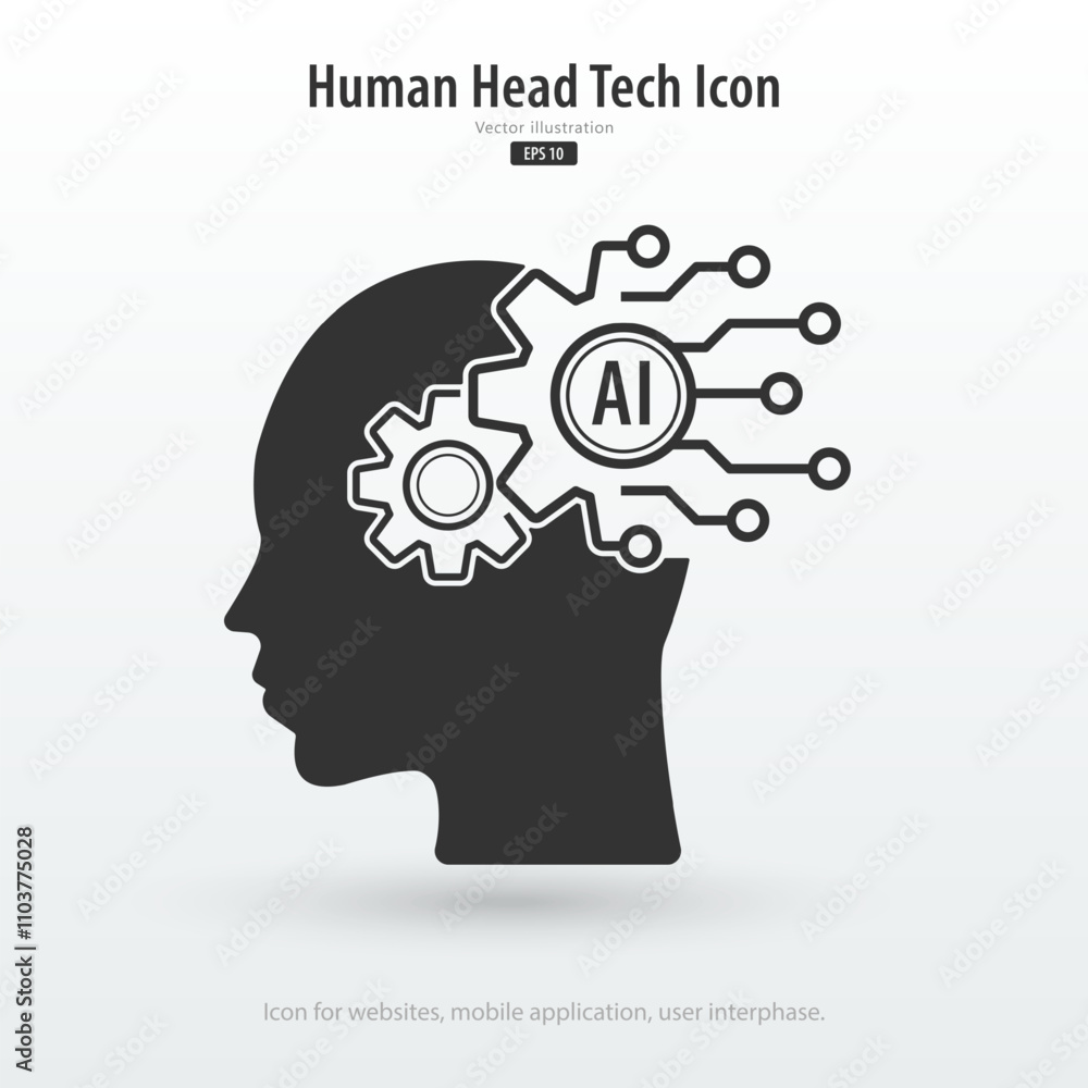 Aufkleber Human face with a gears icon. Artificial intelligence technology concept design, Machine learning. Isolated artificial Intelligence symbols. Vector illustration for banner and web template.