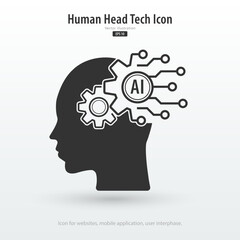 Human face with a gears icon. Artificial intelligence technology concept design, Machine learning. Isolated artificial Intelligence symbols. Vector illustration for banner and web template.